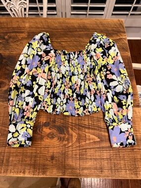 Free People Black Floral Smocked Puff-Sleeve Crop Top